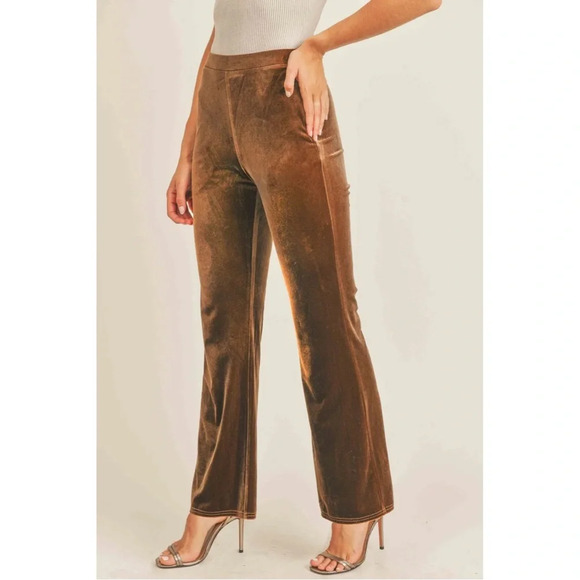 Anthropologie Sadie & Sage Champagne Problems Velvet Flare Leggings Brown Pant S - Picture 1 of 11